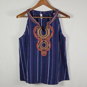 L Love Boho Embroidered Tank Top Size M Navy V-Neck Striped Sleeveless‎ Festival